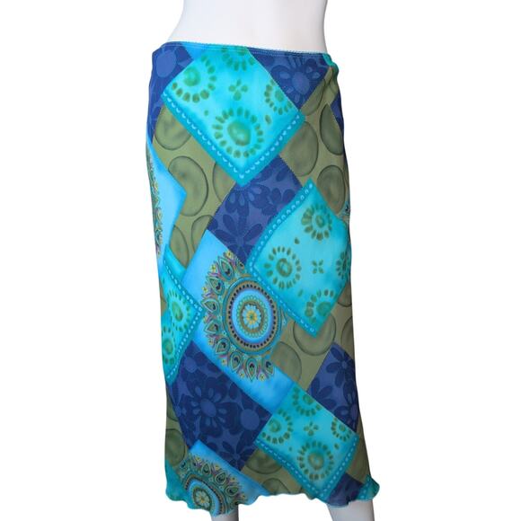 Boho Patchwork Print Midi Skirt Medium Chiffon Asymmetric 90 Y2K Hippie Festival - Picture 3 of 4